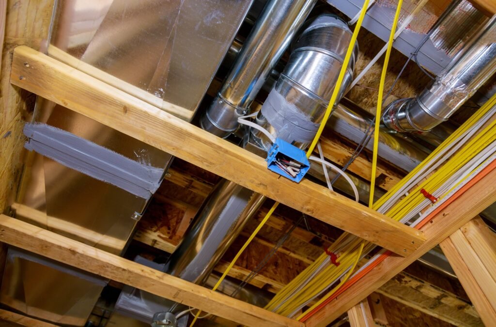 Framed residential home with basic rough pipe system of heating completed in new construction